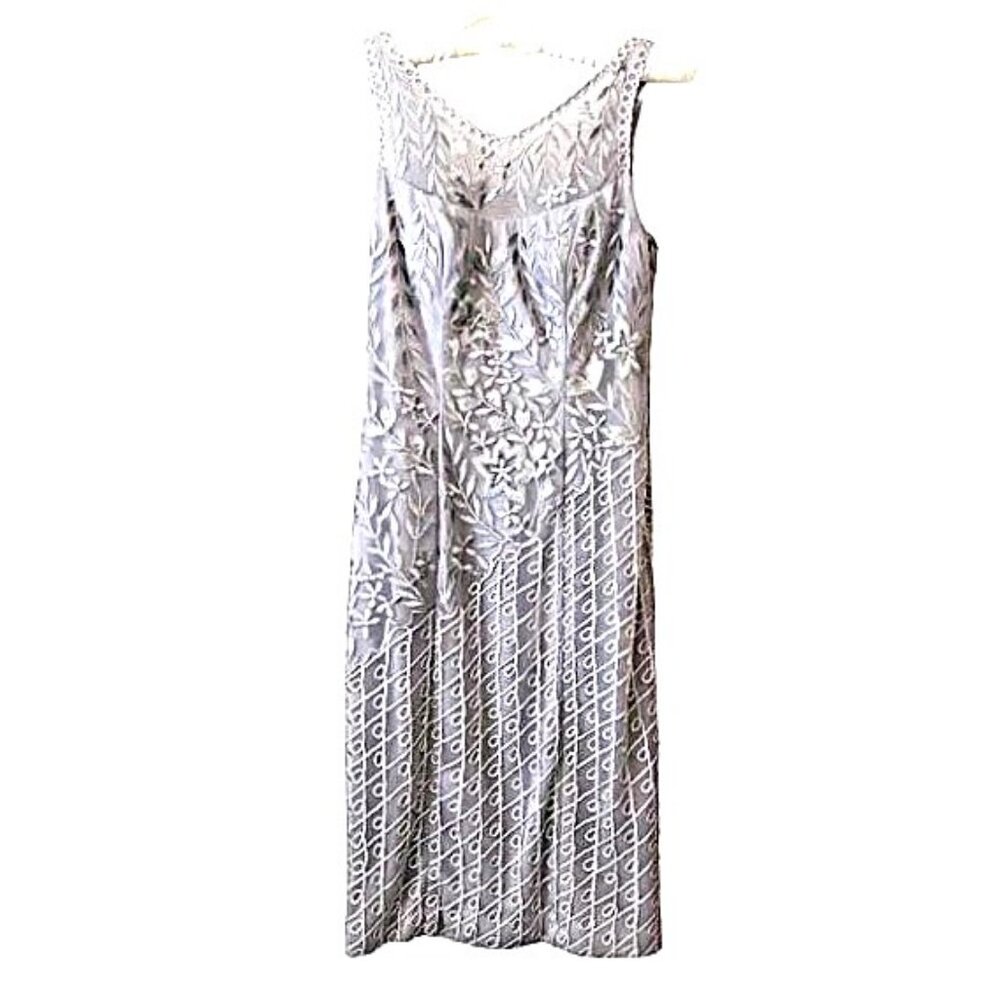 NEW Sue Wong Dress Embroidered V-neck Floral Platinum Bra Nocturne